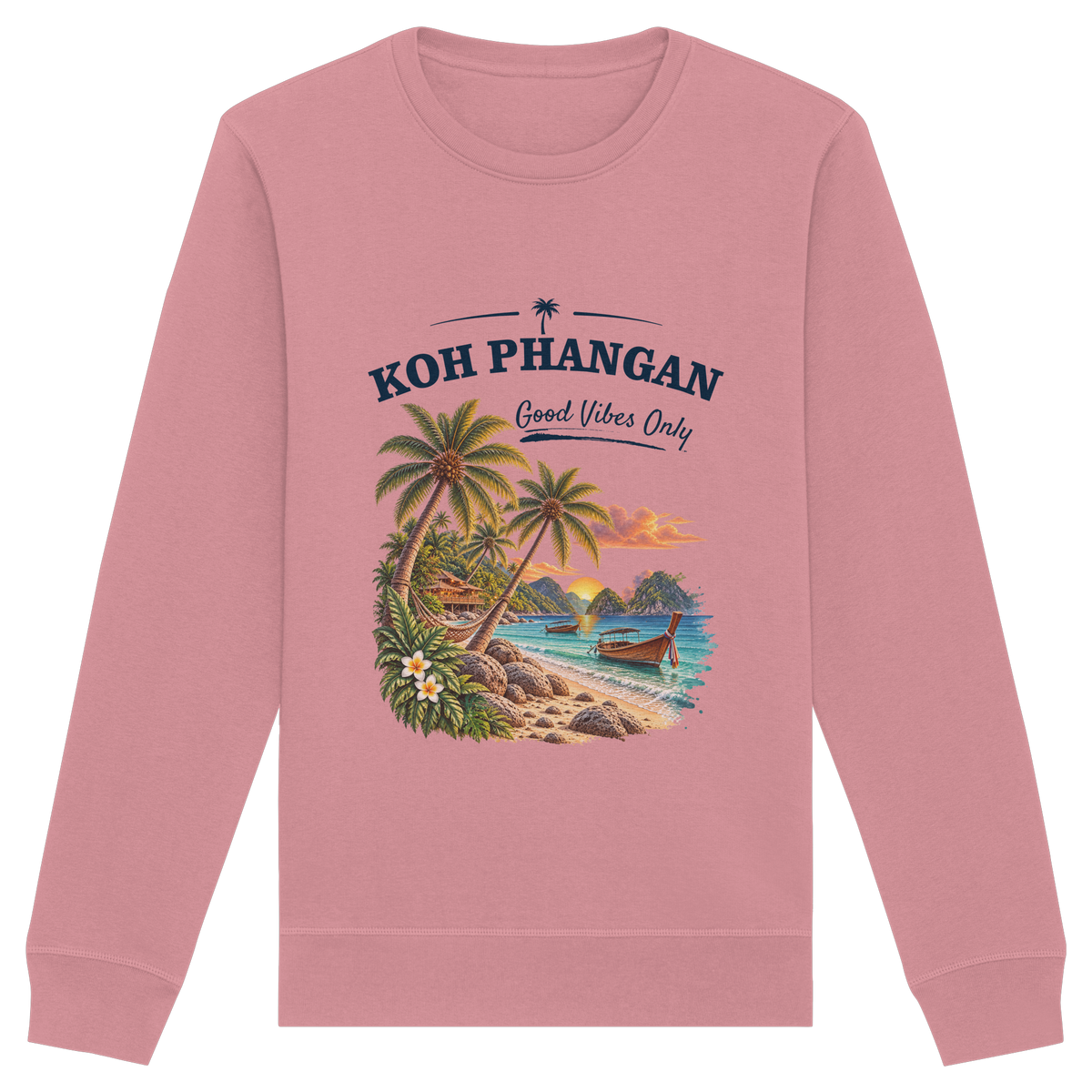 Koh Phangan Good Vibes Only – Bio Unisex Sweatshirt – Frontprint – Original-Mockup organic basic unisex sweatshirt canyon pink mit Motivdruck