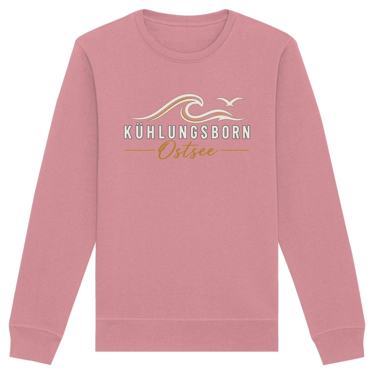 Shirtigo-Originalmockup: Bio-Unisex-Sweatshirt Kühlungsborn Baltic Waves, Dark Edition, Canyon Pink, Vorderansicht mit Motiv.