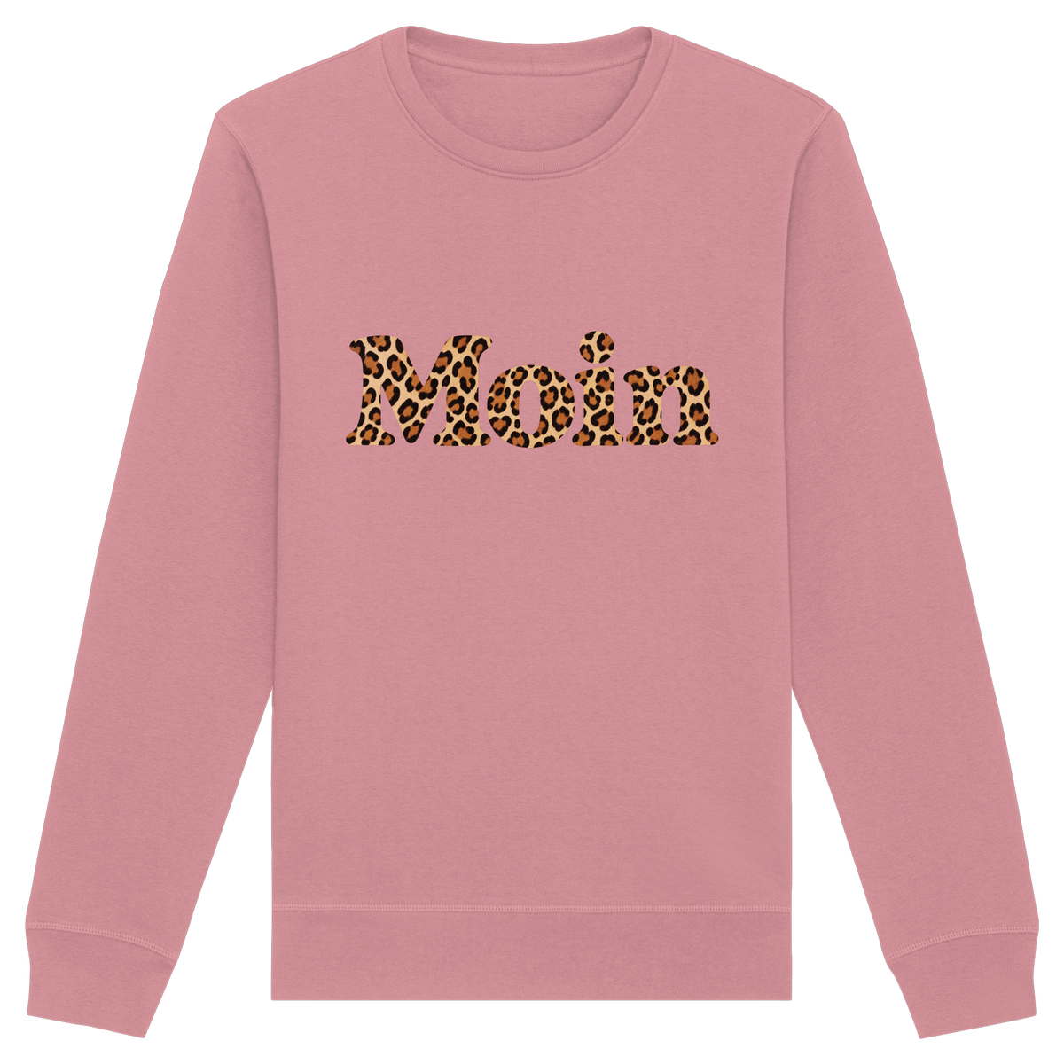 Original-Shirtigo-Mockup: Bio Unisex Sweatshirt in Canyon Pink mit „Moin“ im Karamell-Leoprint auf der Vorderseite
