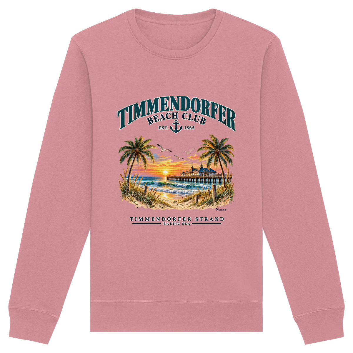 Originalmockup: Unisex Bio-Sweatshirt in Canyon Pink mit Timmendorfer-Beach-Club-Frontprint, Motivansicht.