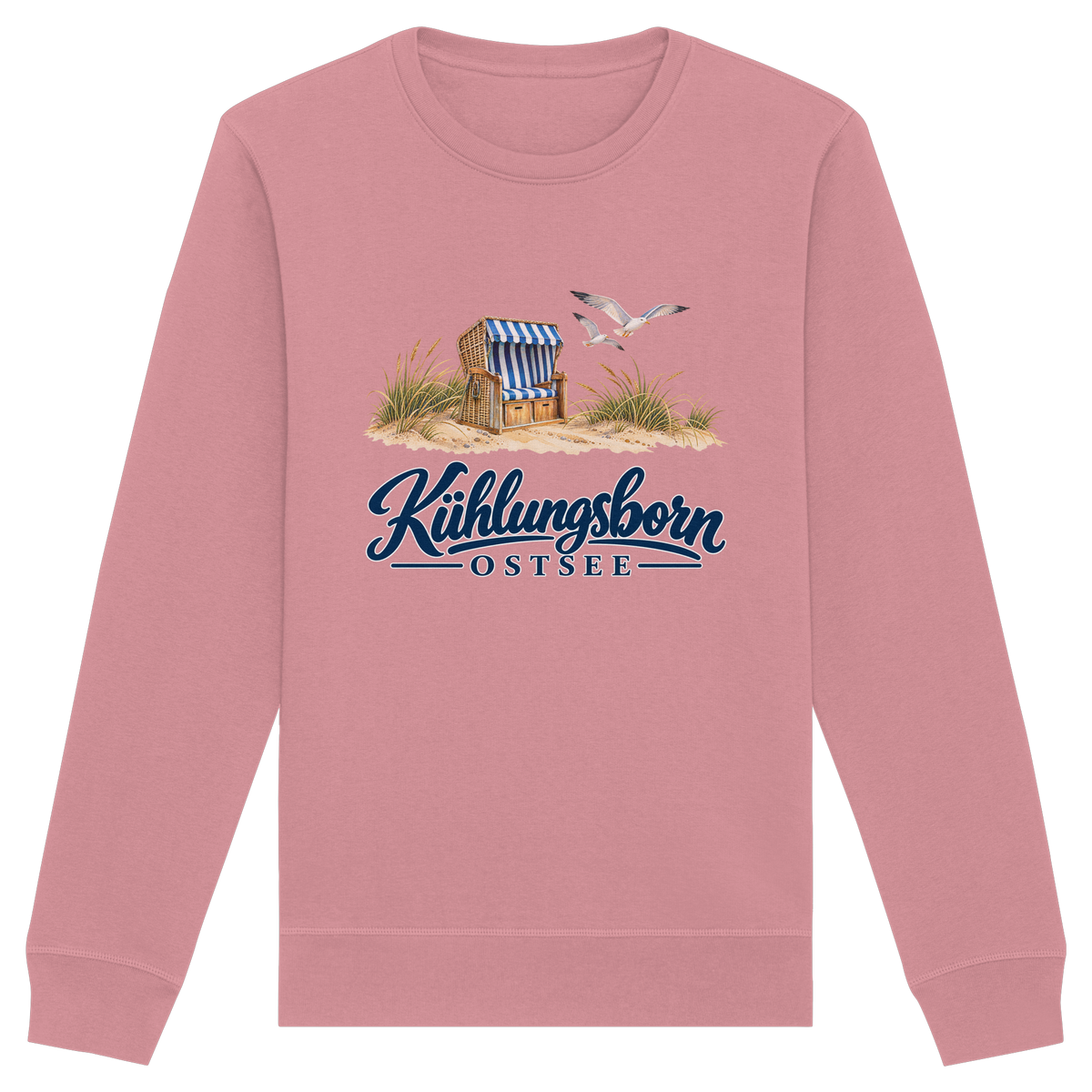 Bio-Unisex-Sweatshirt Kühlungsborn – Strandkorb & Ostsee in Canyon Pink, Shirtigo-Originalmockup der Vorderseite mit Strandkorbmotiv.