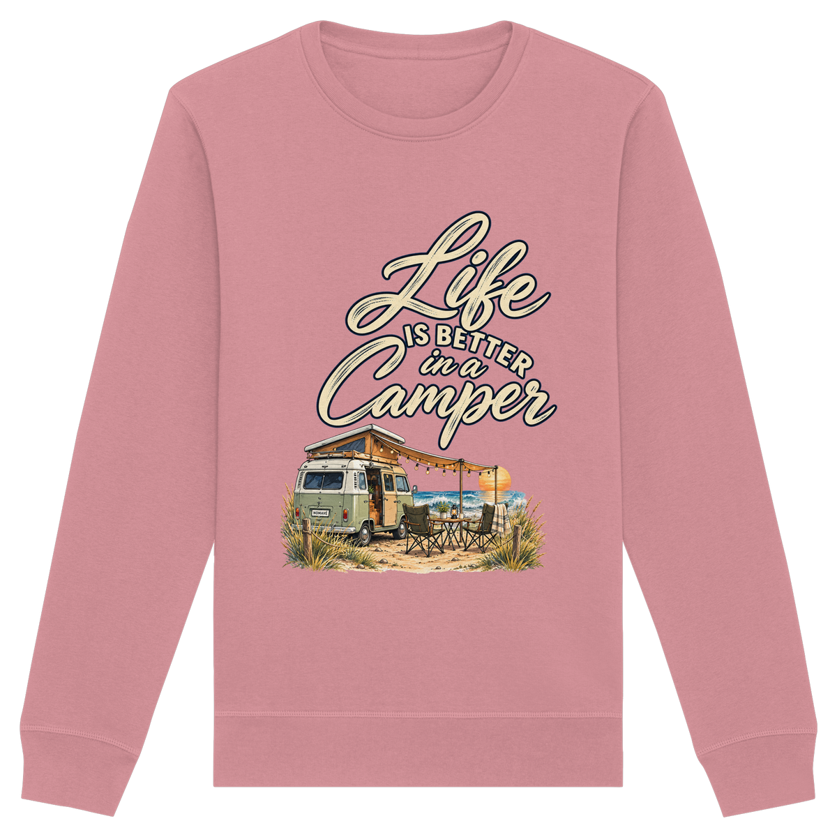 Bio Unisex Sweatshirt in Canyon Pink mit „Life is better in a Camper“-Motiv – Vorderansicht für Vanlife- und Campingfans