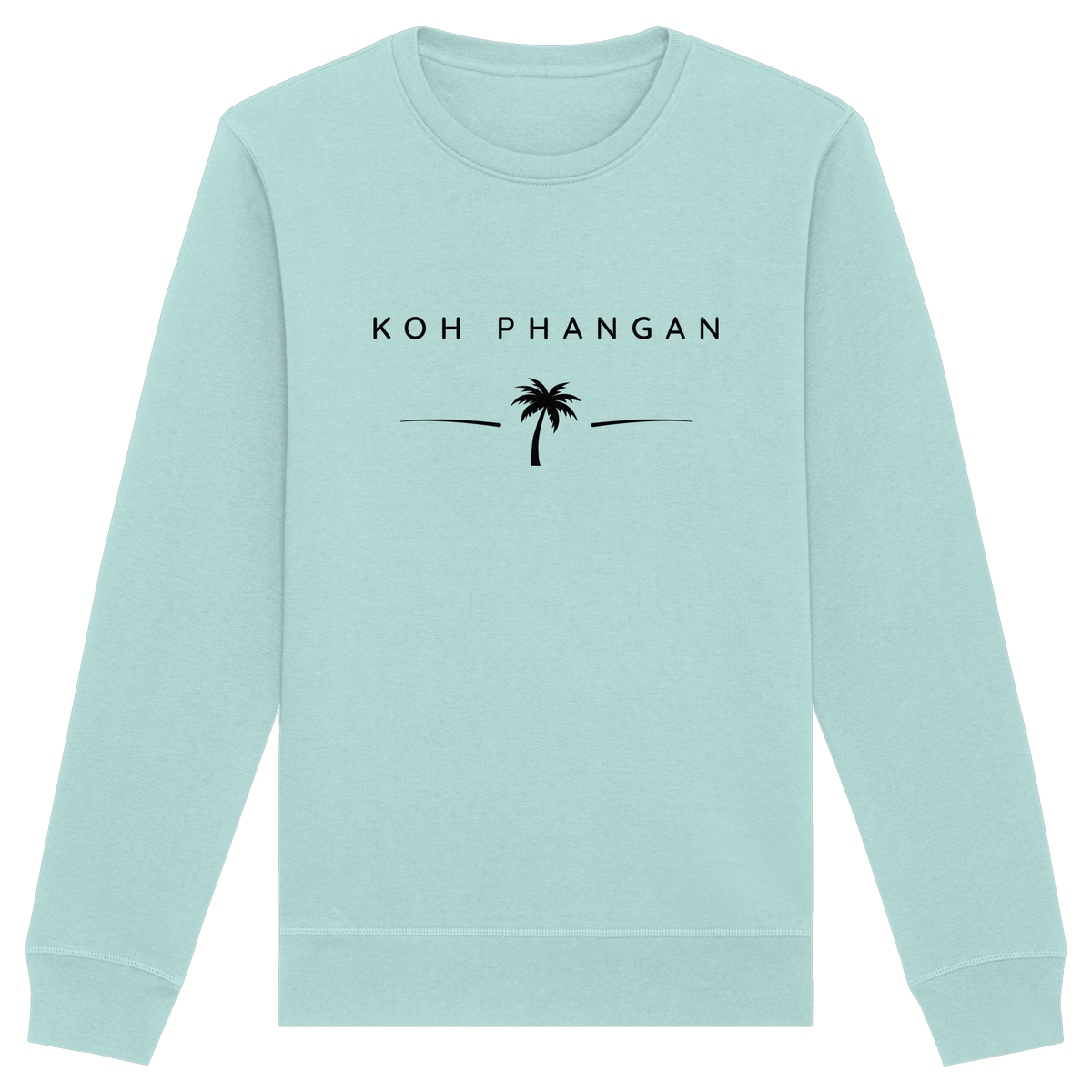 Frontansicht des Bio Unisex Sweatshirt in Caribbean Blue mit Koh Phangan Minimal Palm Frontprint