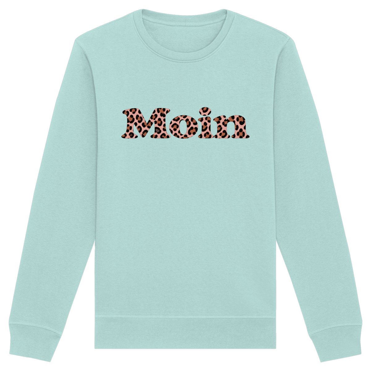 Bio-Unisex-Sweatshirt Caribbean Blue, Vorderansicht mit Moin-Leo-Blush-Pink-Frontprint.