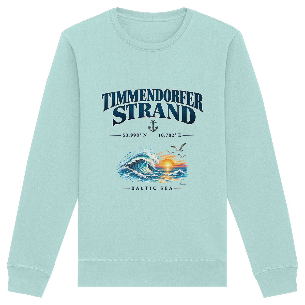 Original-Mockup 10: Unisex Bio-Sweatshirt in Caribbean Blue mit Timmendorfer Strand – Baltic Sea Frontprint.