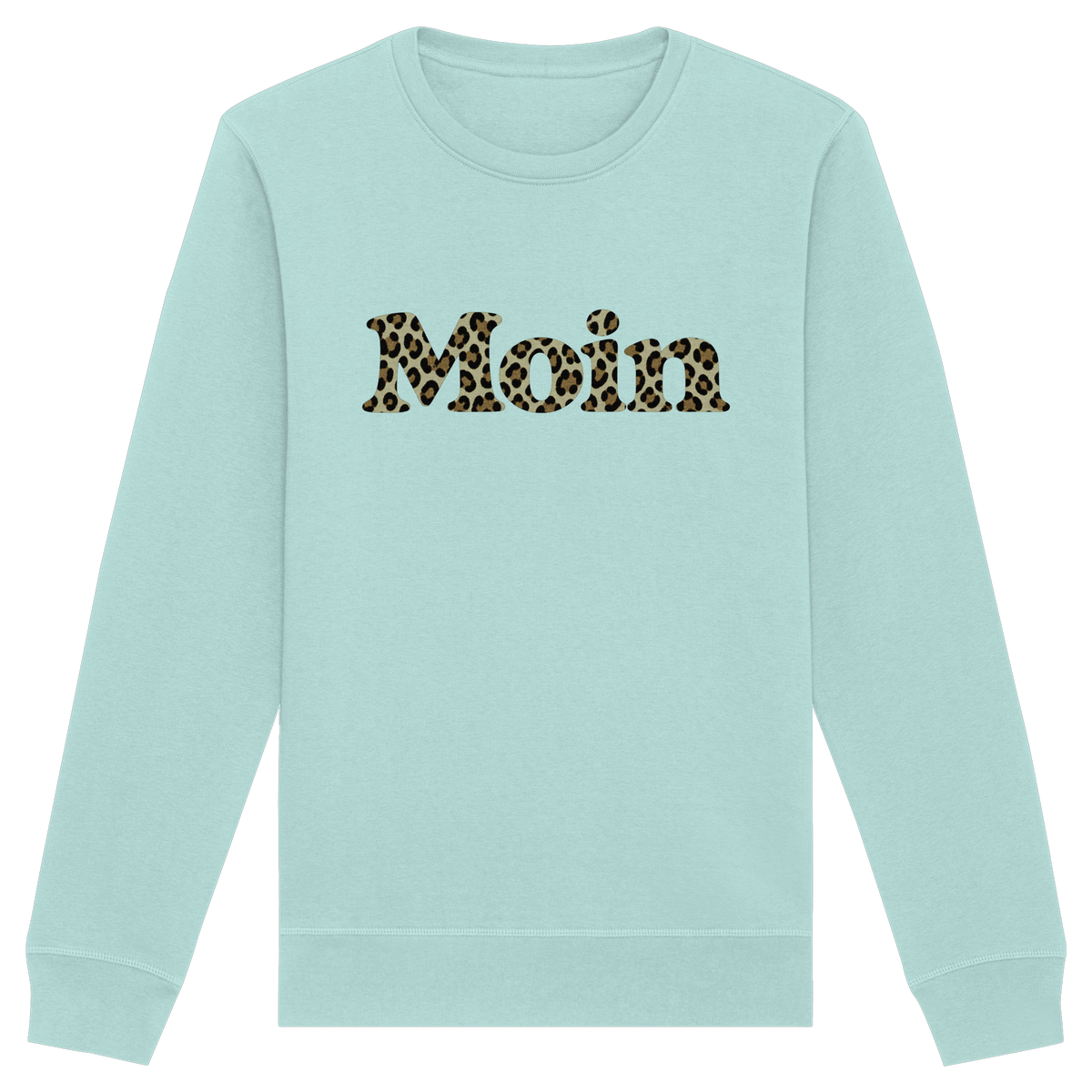Bio Unisex Sweatshirt in Caribbean Blue mit Moin-Leoprint in Sage Green als Frontprint, Original-Mockup.