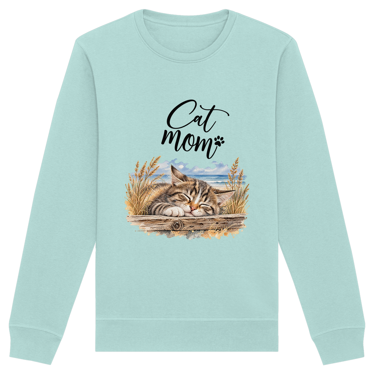 Unisex Bio-Sweatshirt Cat Mom in Caribbean Blue – Vorderansicht mit schlafender Katze, Küstenmotiv und Cat-Mom-Schriftzug.