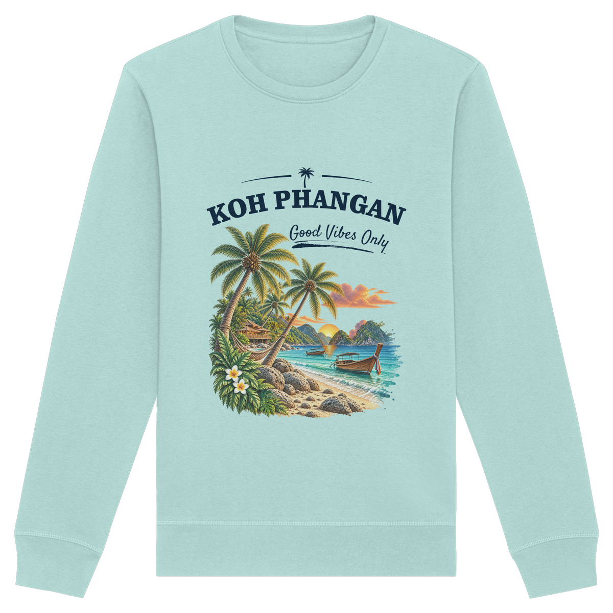 Koh Phangan Good Vibes Only – Bio Unisex Sweatshirt – Frontprint – Original-Mockup organic basic unisex sweatshirt caribbean blue mit Motivdruck