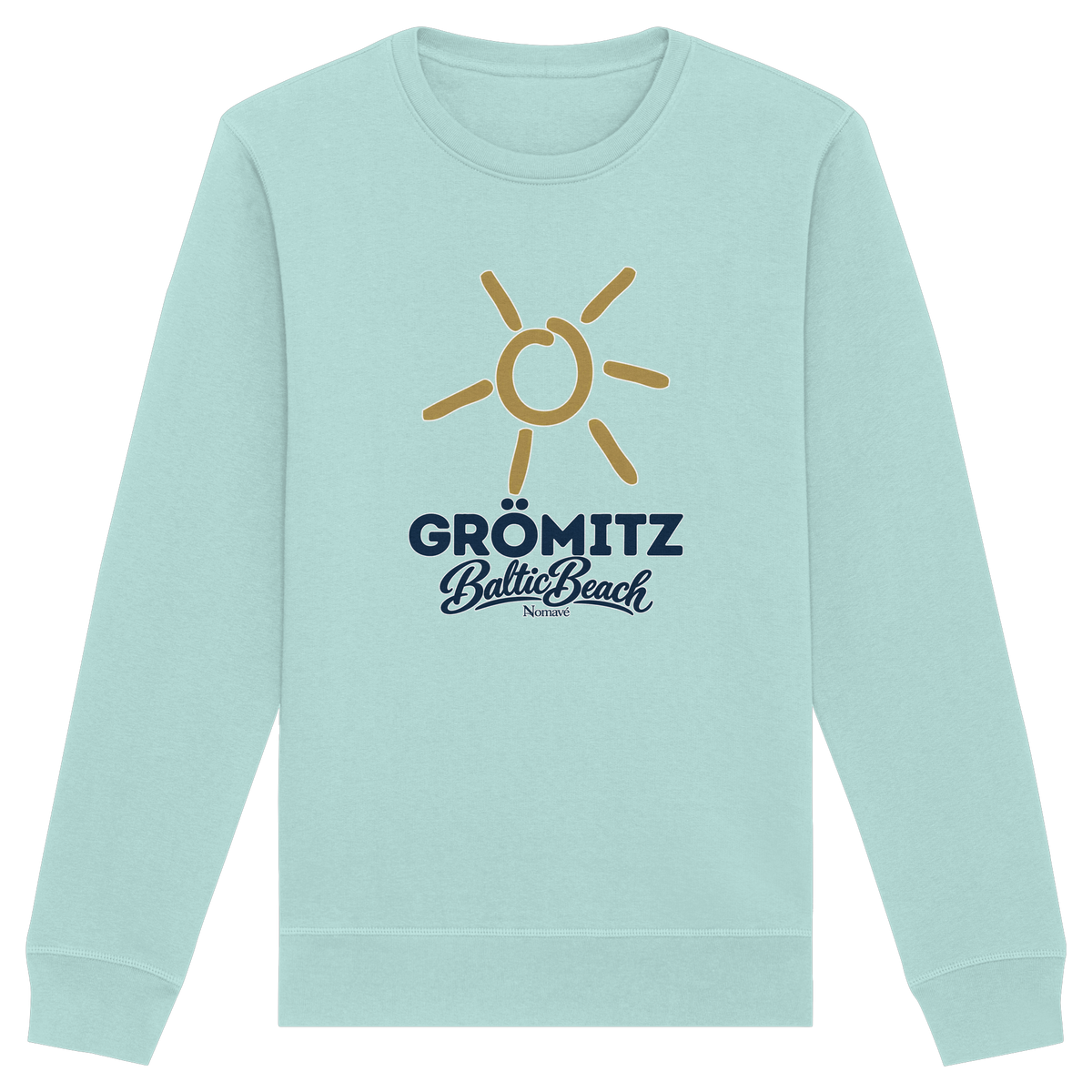 Unisex Sweatshirt Grömitz Sonne Baltic Beach in Caribbean Blue – Frontdruck mit goldener Sonne, Shirtigo-Originalmockup 5