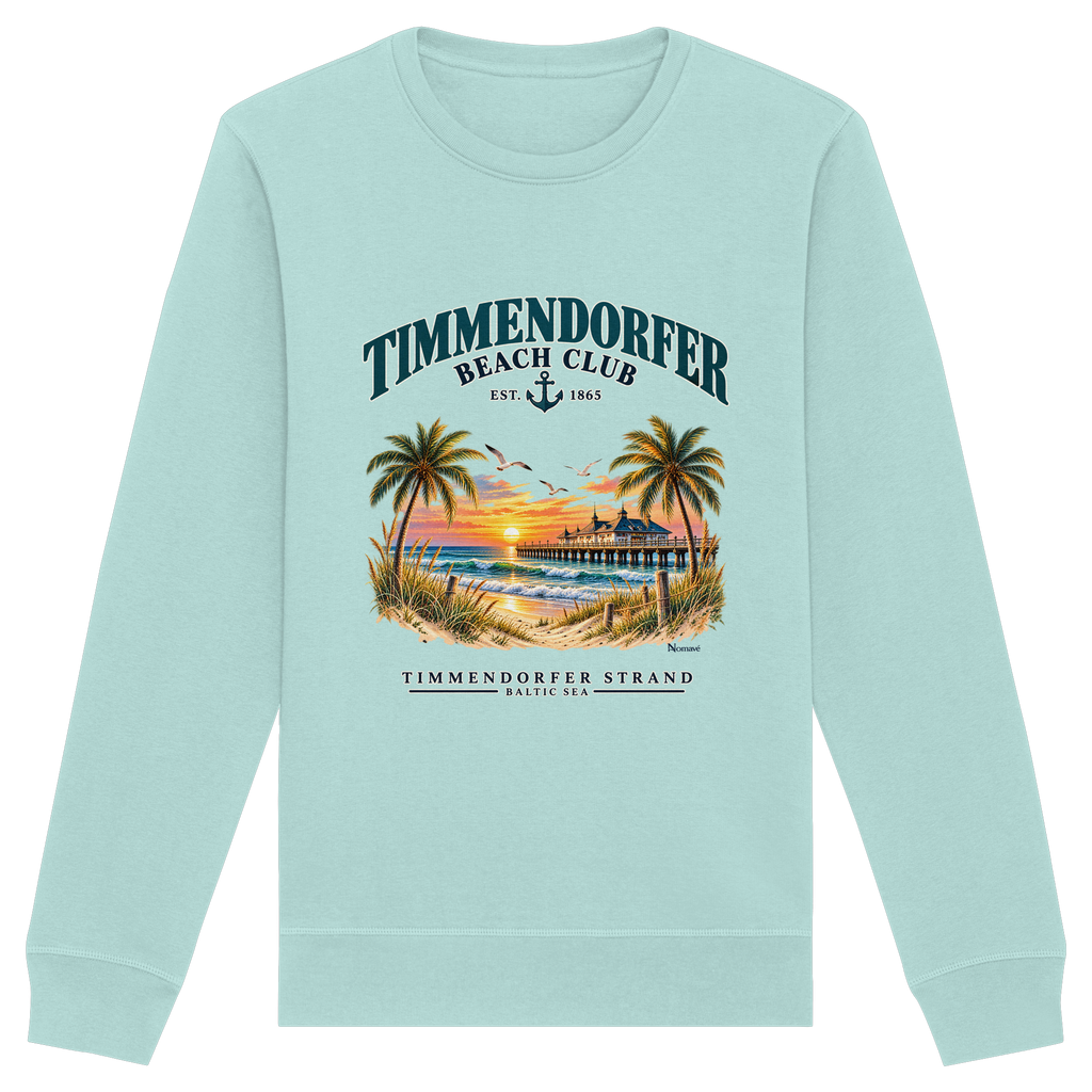 Originalmockup: Unisex Bio-Sweatshirt in Caribbean Blue mit Timmendorfer-Beach-Club-Frontprint, Motivansicht.
