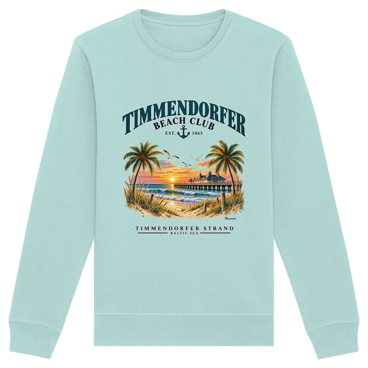 Originalmockup: Unisex Bio-Sweatshirt in Caribbean Blue mit Timmendorfer-Beach-Club-Frontprint, Motivansicht.