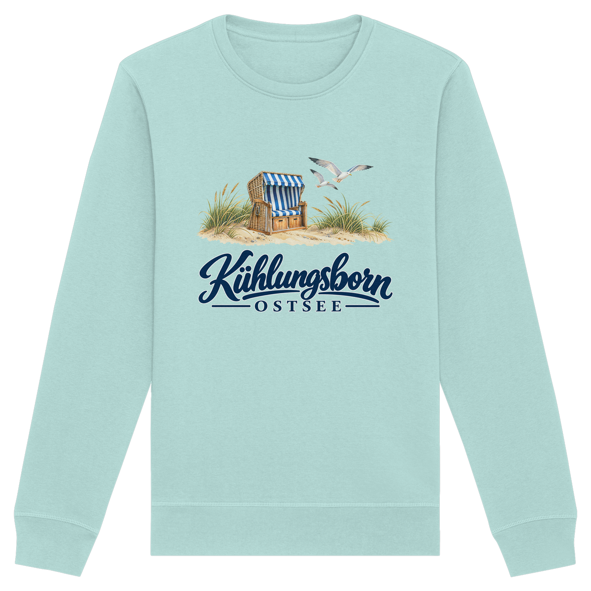 Bio-Unisex-Sweatshirt Kühlungsborn – Strandkorb & Ostsee in Caribbean Blue, Shirtigo-Originalmockup der Vorderseite mit Strandkorbmotiv.