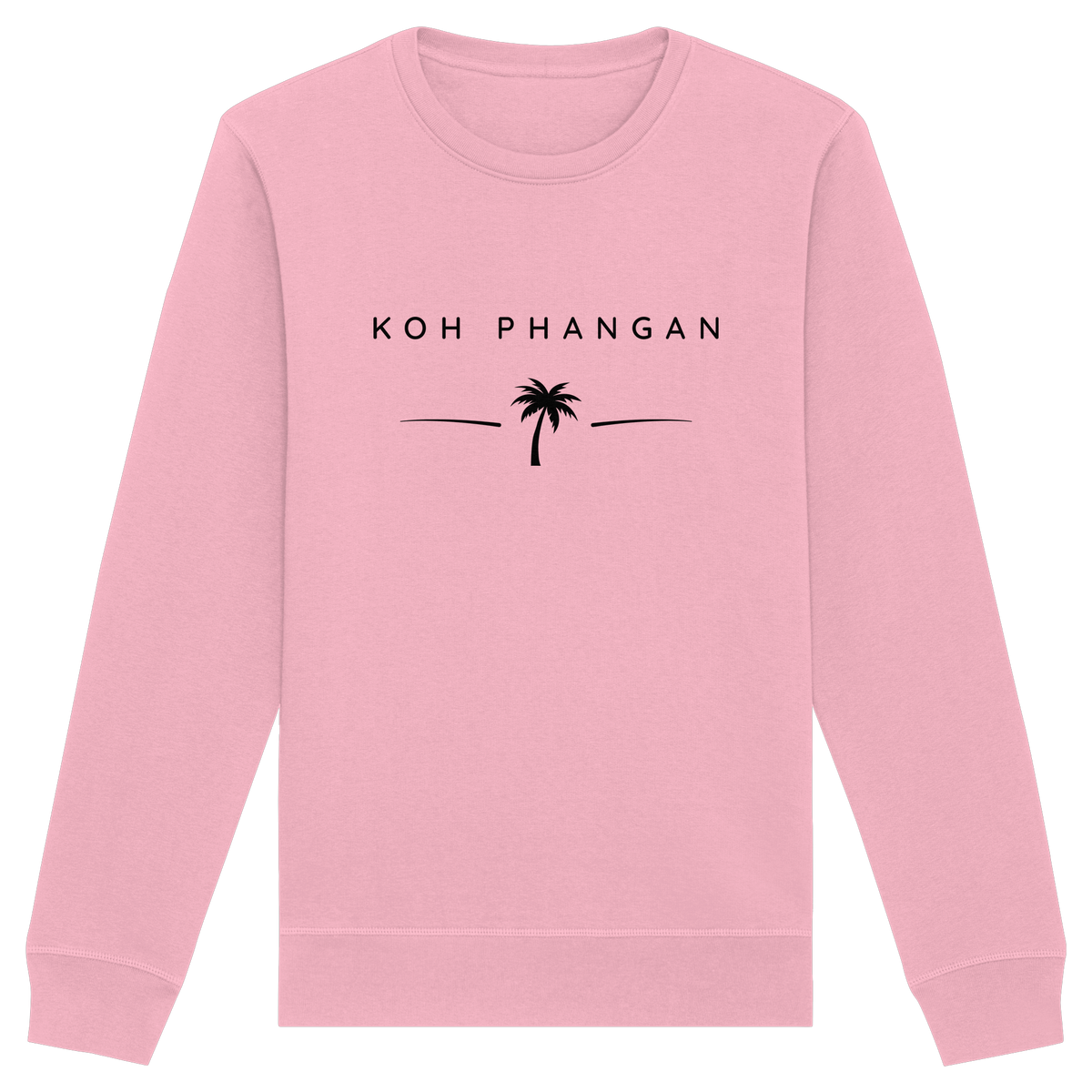 Frontansicht des Bio Unisex Sweatshirt in Cotton Pink mit Koh Phangan Minimal Palm Frontprint