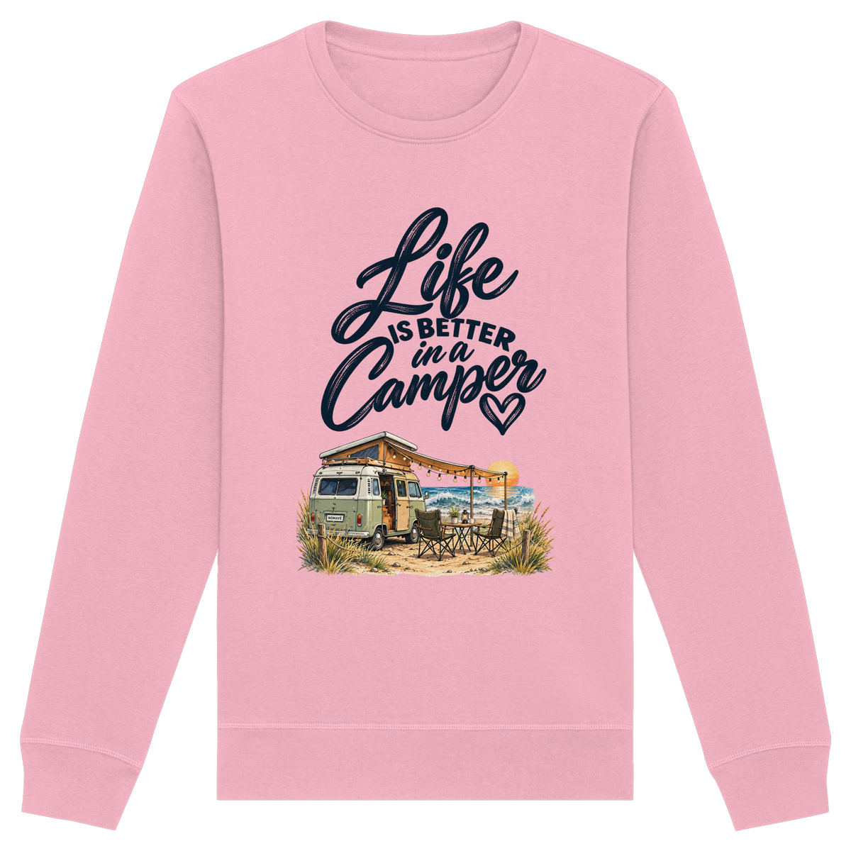 Bio Unisex Sweatshirt mit „Life is better in a Camper“-Motiv – Vorderansicht in Cotton Pink für Vanlife- und Campingfans