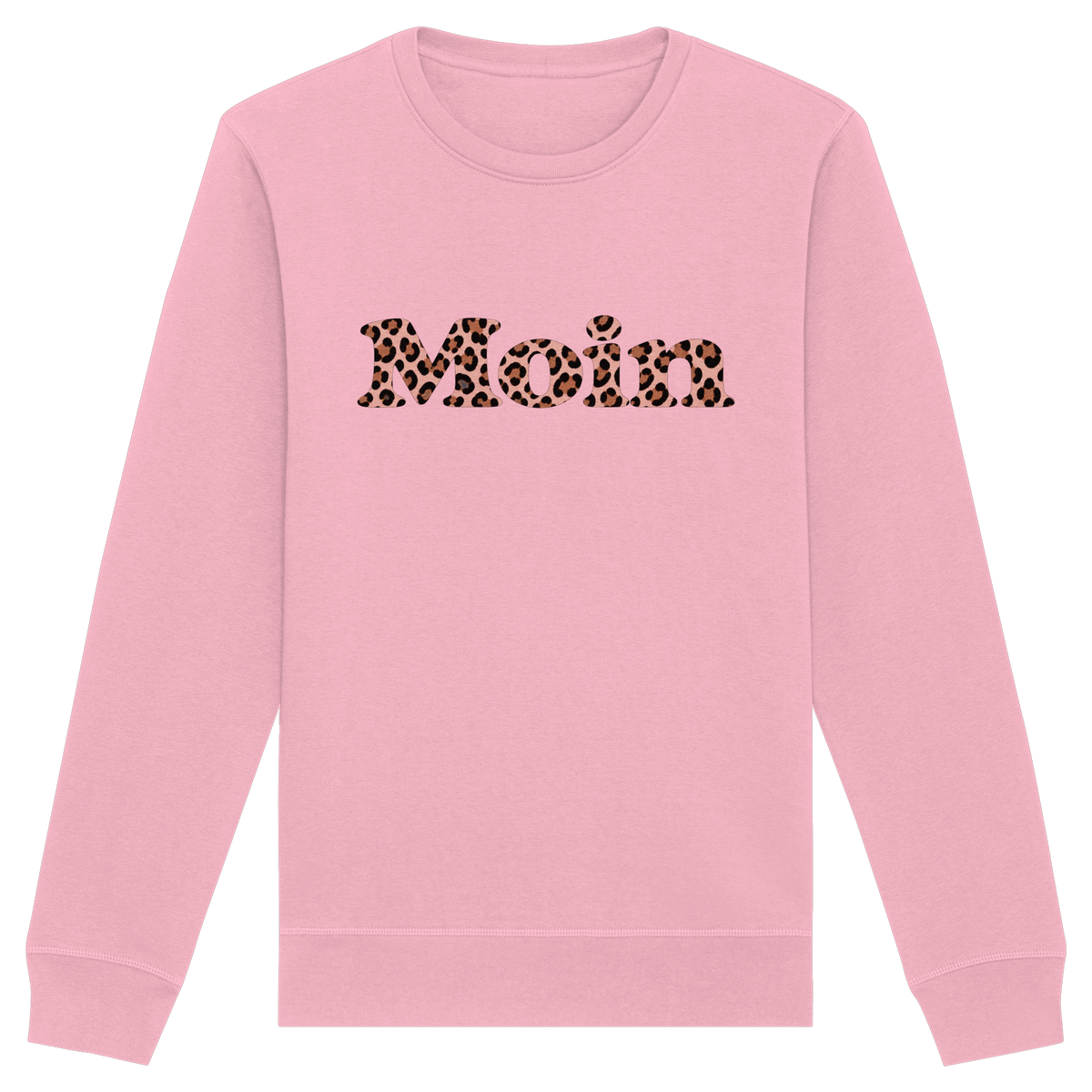 Bio-Unisex-Sweatshirt Cotton Pink, Vorderansicht mit Moin-Leo-Frontprint.