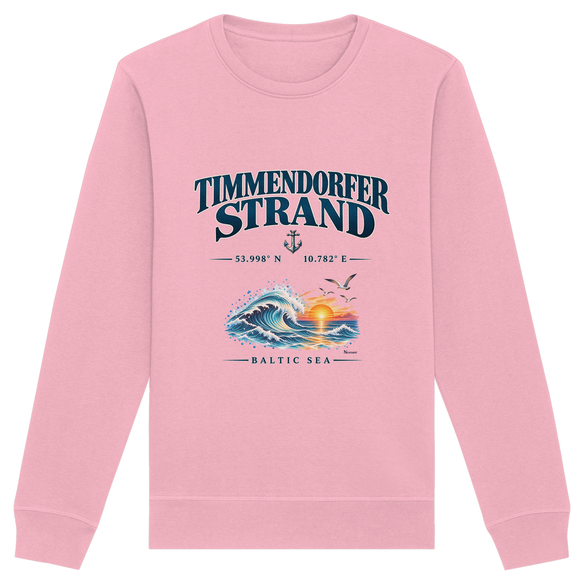 Original-Mockup 4: Unisex Bio-Sweatshirt in Cotton Pink mit Timmendorfer Strand – Baltic Sea Frontprint.