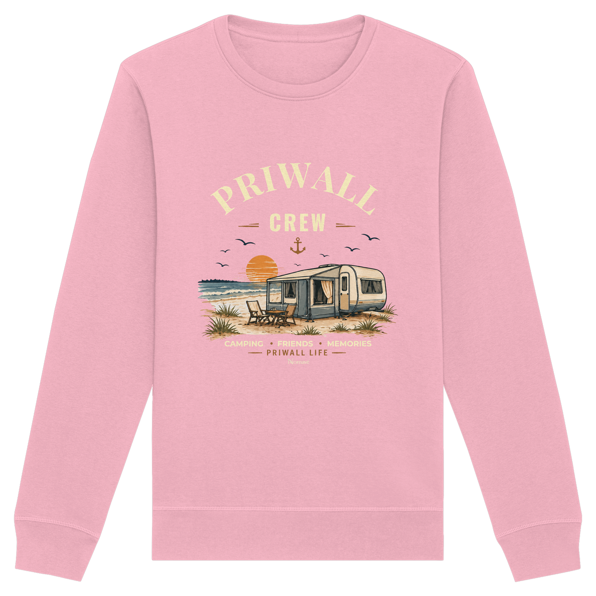 Bio Unisex Sweatshirt in Cotton Pink mit korrigiertem Priwall-Crew-Motiv der Dark Edition – Vorderansicht