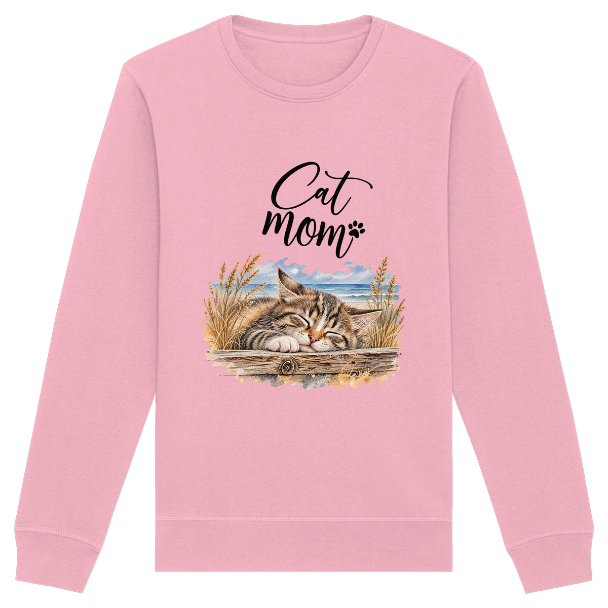 Unisex Bio-Sweatshirt Cat Mom in Cotton Pink – Vorderansicht mit schlafender Katze, Küstenmotiv und Cat-Mom-Schriftzug.