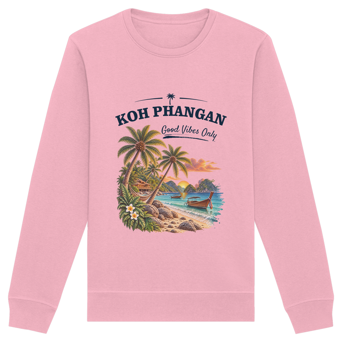 Koh Phangan Good Vibes Only – Bio Unisex Sweatshirt – Frontprint – Original-Mockup organic basic unisex sweatshirt cotton pink mit Motivdruck