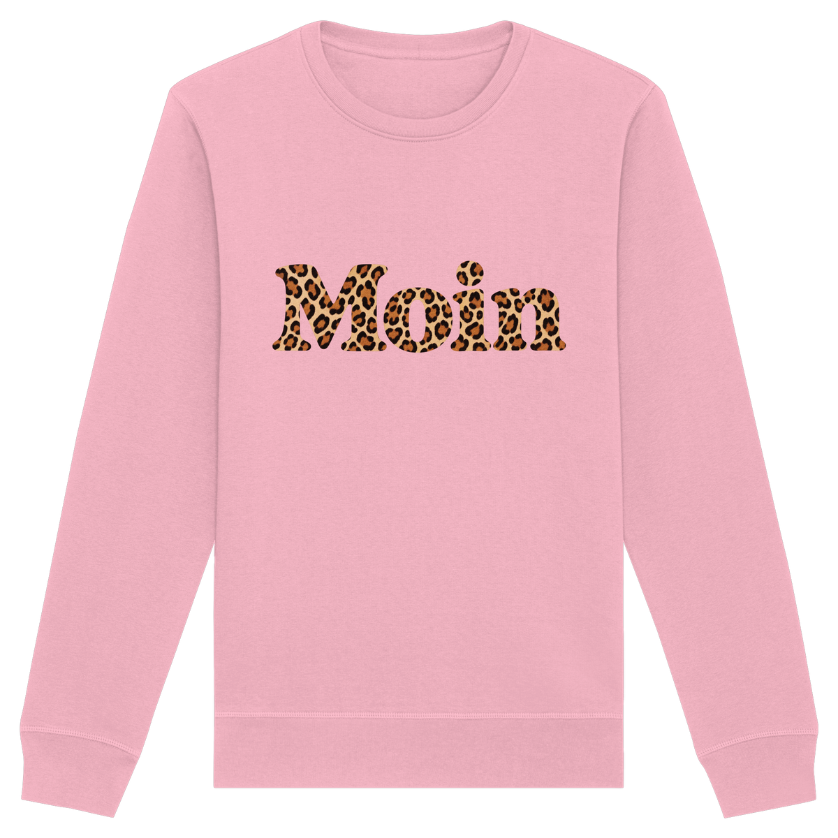 Original-Shirtigo-Mockup: Bio Unisex Sweatshirt in Cotton Pink mit „Moin“ im Karamell-Leoprint auf der Vorderseite