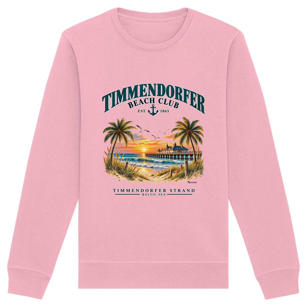 Originalmockup: Unisex Bio-Sweatshirt in Cotton Pink mit Timmendorfer-Beach-Club-Frontprint, Motivansicht.