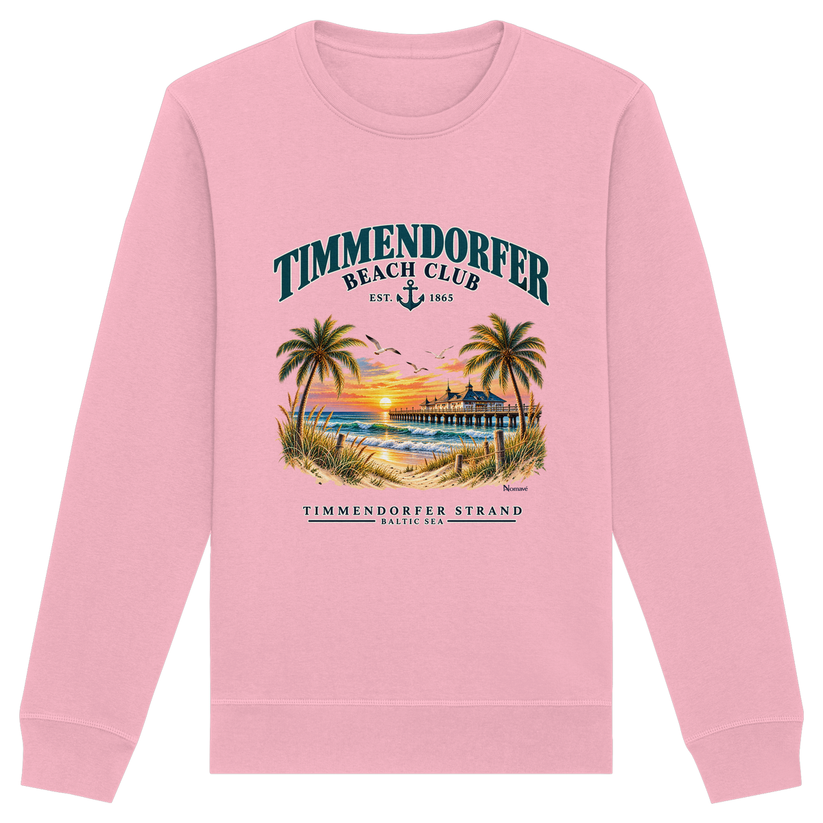 Originalmockup: Unisex Bio-Sweatshirt in Cotton Pink mit Timmendorfer-Beach-Club-Frontprint, Motivansicht.