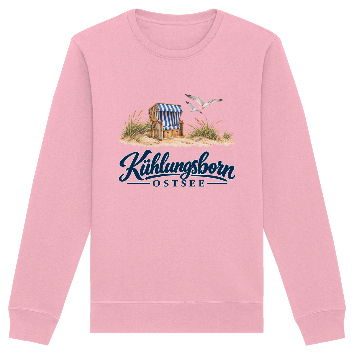 Bio-Unisex-Sweatshirt Kühlungsborn – Strandkorb & Ostsee in Cotton Pink, Shirtigo-Originalmockup der Vorderseite mit Strandkorbmotiv.