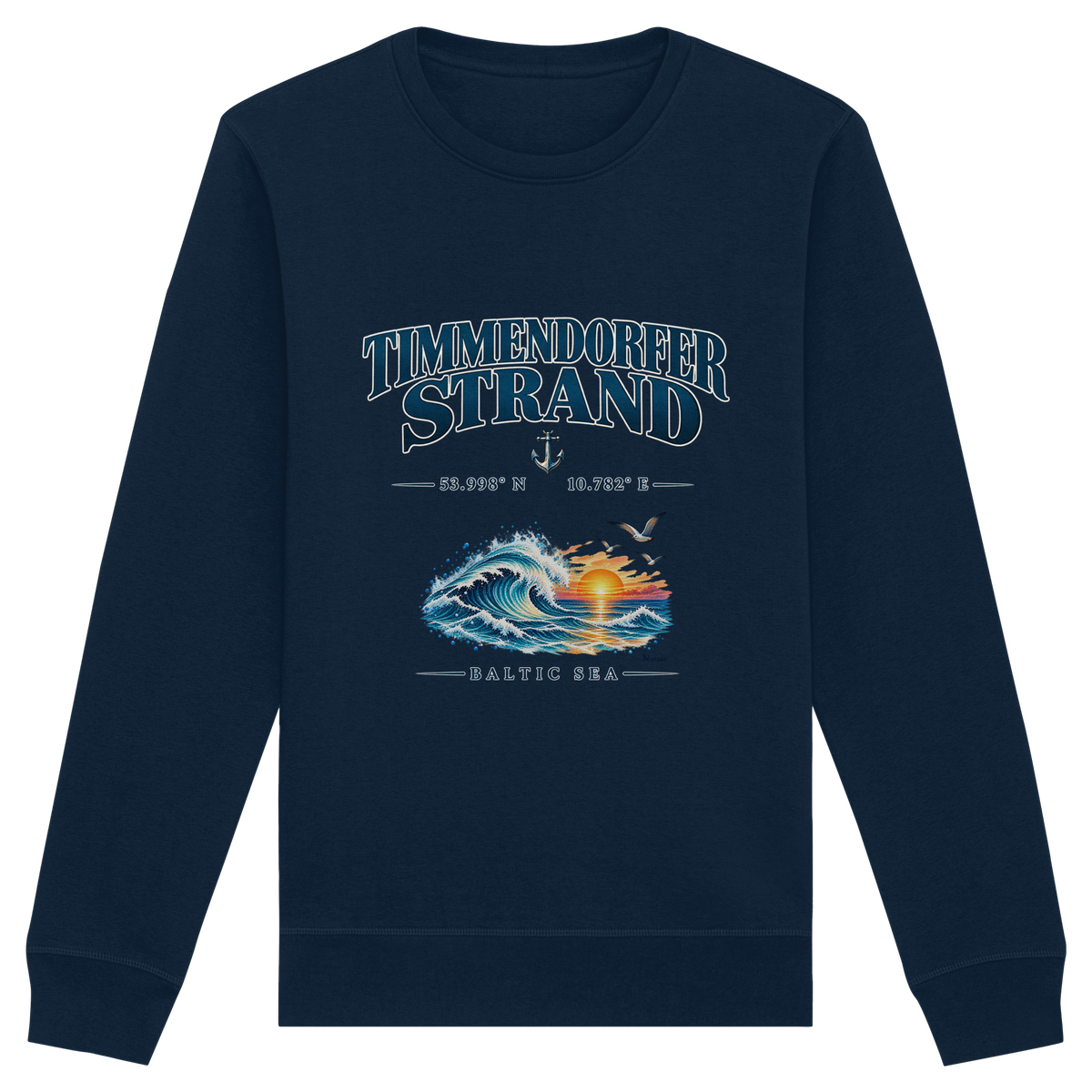 Original-Mockup 12: Unisex Bio-Sweatshirt in French Navy mit Timmendorfer Strand – Baltic Sea Frontprint.