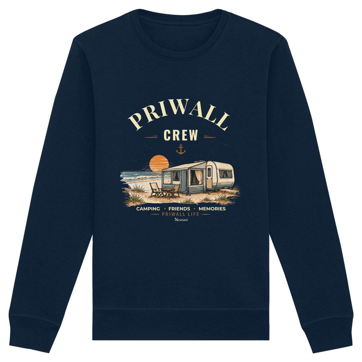 Bio Unisex Sweatshirt in French Navy mit korrigiertem Priwall-Crew-Motiv der Dark Edition – Vorderansicht