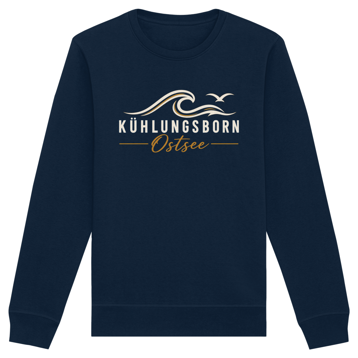 Shirtigo-Originalmockup: Bio-Unisex-Sweatshirt Kühlungsborn Baltic Waves, Dark Edition, French Navy, Vorderansicht mit Motiv.