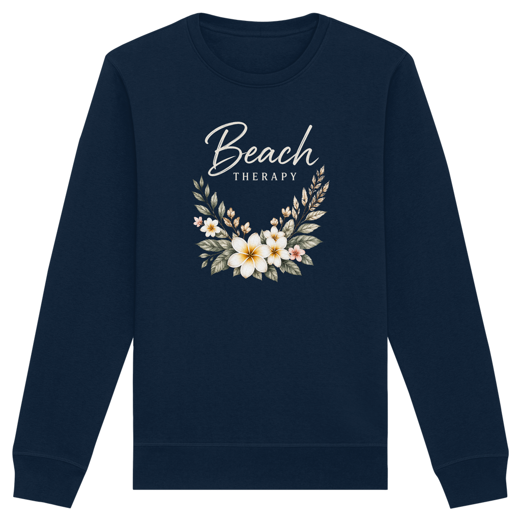Unisex Bio-Sweatshirt in French Navy mit floralem Beach-Therapy-Frontprint – Original-Mockup, Vorderansicht.