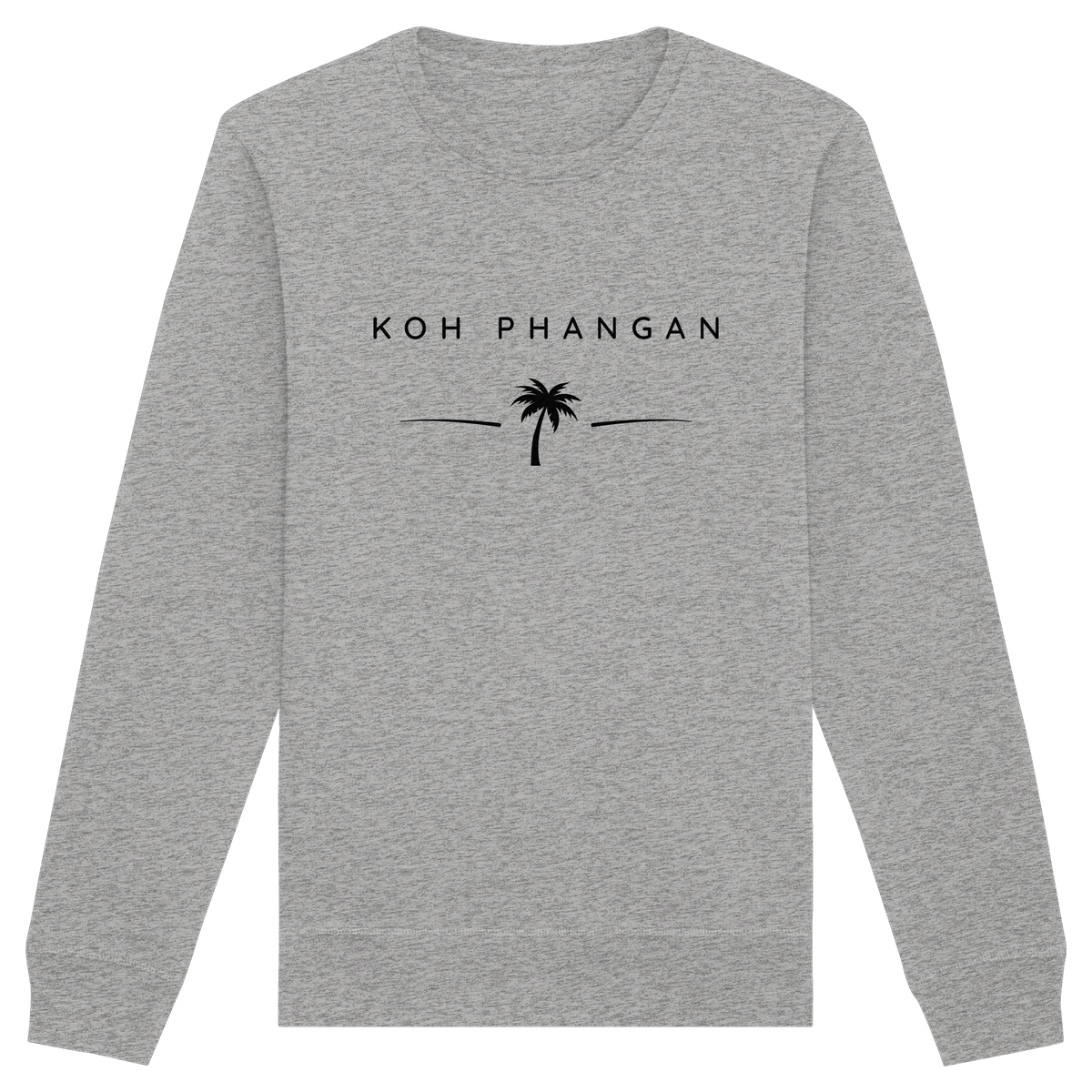 Frontansicht des Bio Unisex Sweatshirt in Heather Grey mit Koh Phangan Minimal Palm Frontprint