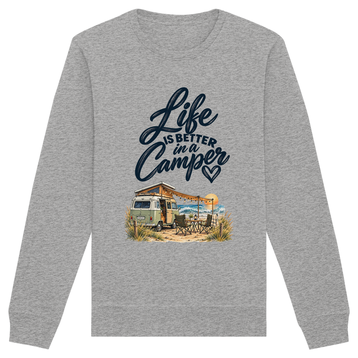 Bio Unisex Sweatshirt mit „Life is better in a Camper“-Motiv – Vorderansicht in Heather Grey für Vanlife- und Campingfans