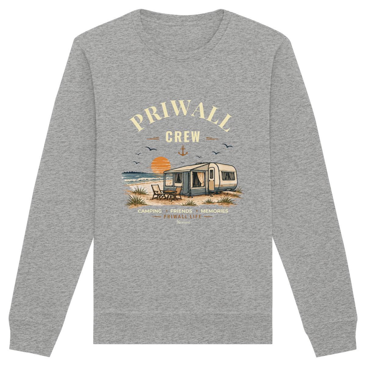 Bio Unisex Sweatshirt in Heather Grey mit korrigiertem Priwall-Crew-Motiv der Dark Edition – Vorderansicht