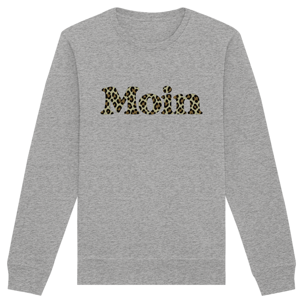 Bio Unisex Sweatshirt in Heather Grey mit Moin-Leoprint in Sage Green als Frontprint, Original-Mockup.