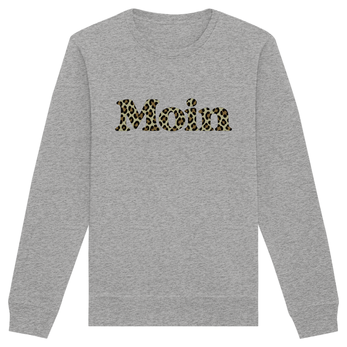 Bio Unisex Sweatshirt in Heather Grey mit Moin-Leoprint in Sage Green als Frontprint, Original-Mockup.