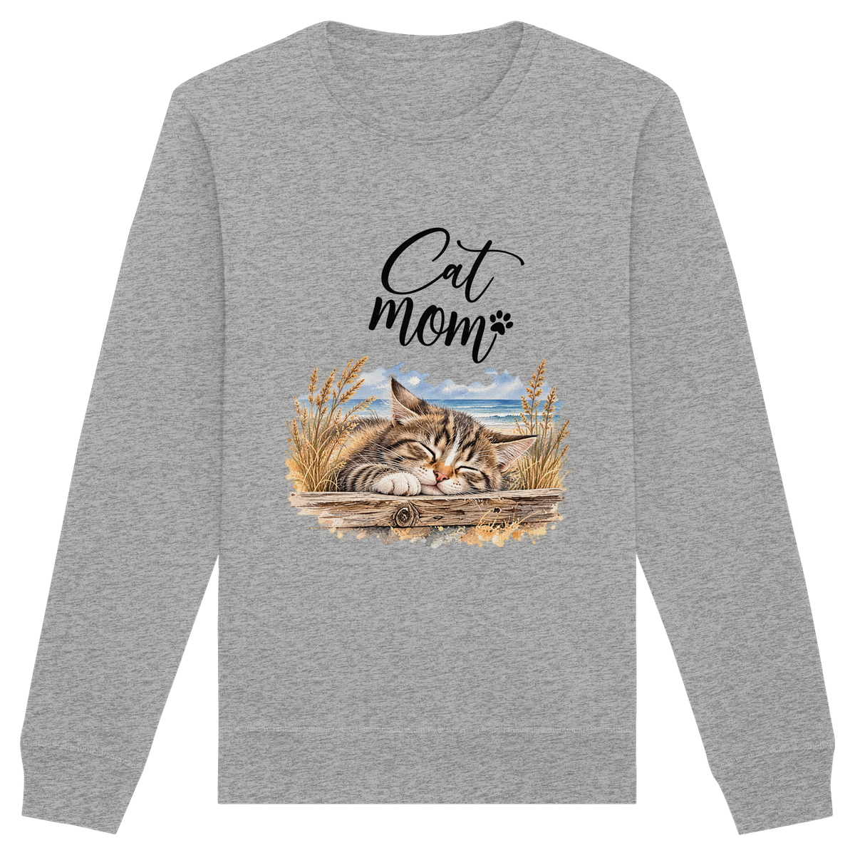 Unisex Bio-Sweatshirt Cat Mom in Heather Grey – Vorderansicht mit schlafender Katze, Küstenmotiv und Cat-Mom-Schriftzug.