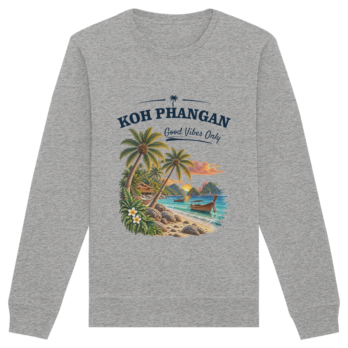 Koh Phangan Good Vibes Only – Bio Unisex Sweatshirt – Frontprint – Original-Mockup organic basic unisex sweatshirt heather grey mit Motivdruck