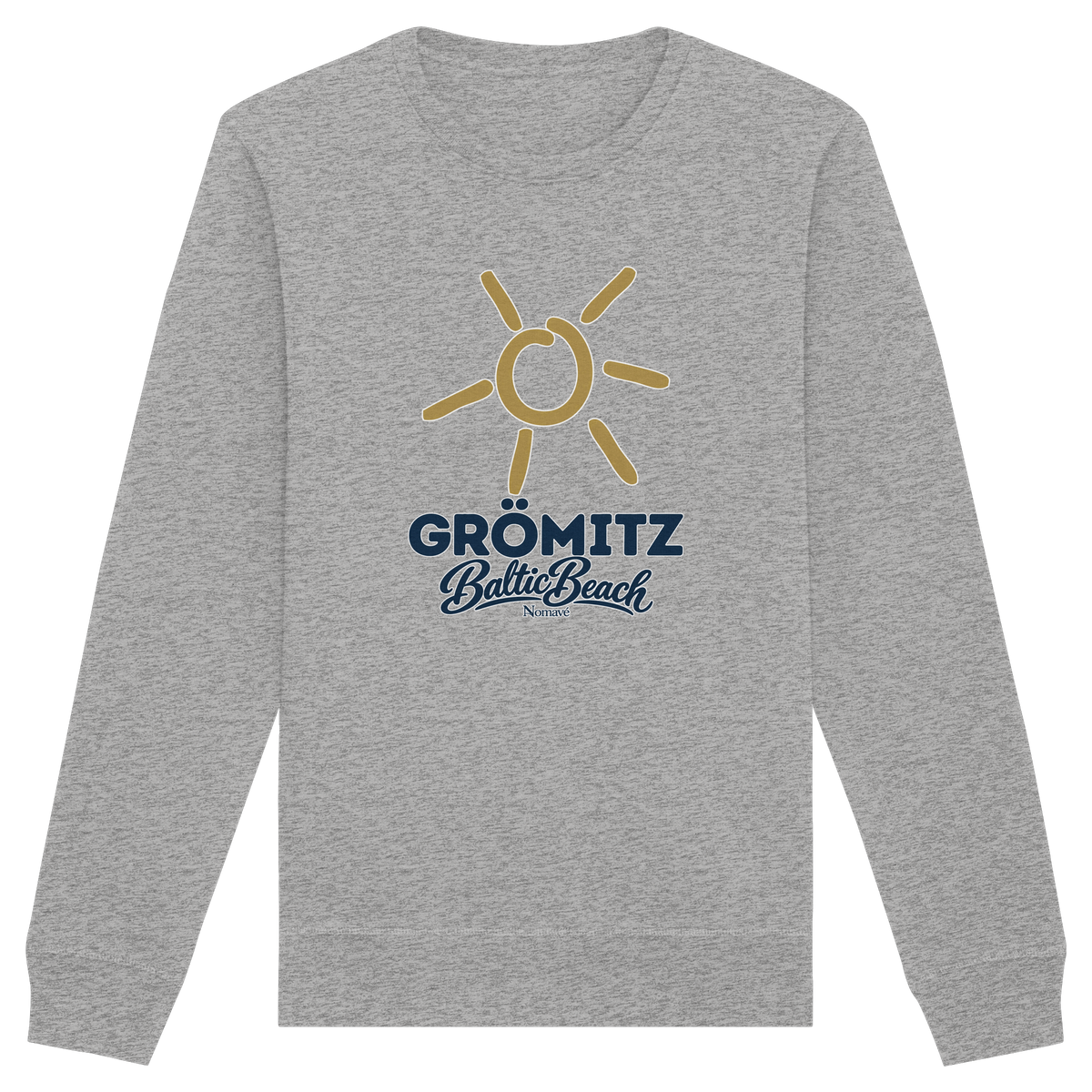 Unisex Sweatshirt Grömitz Sonne Baltic Beach in Heather Grey – Frontdruck mit goldener Sonne, Shirtigo-Originalmockup 3