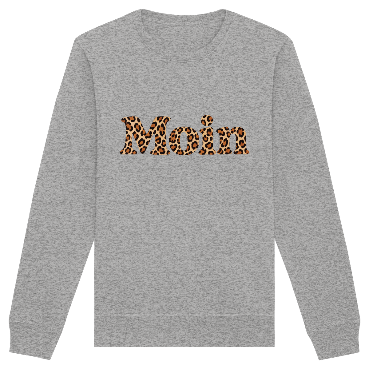 Original-Shirtigo-Mockup: Bio Unisex Sweatshirt in Heather Grey mit „Moin“ im Karamell-Leoprint auf der Vorderseite