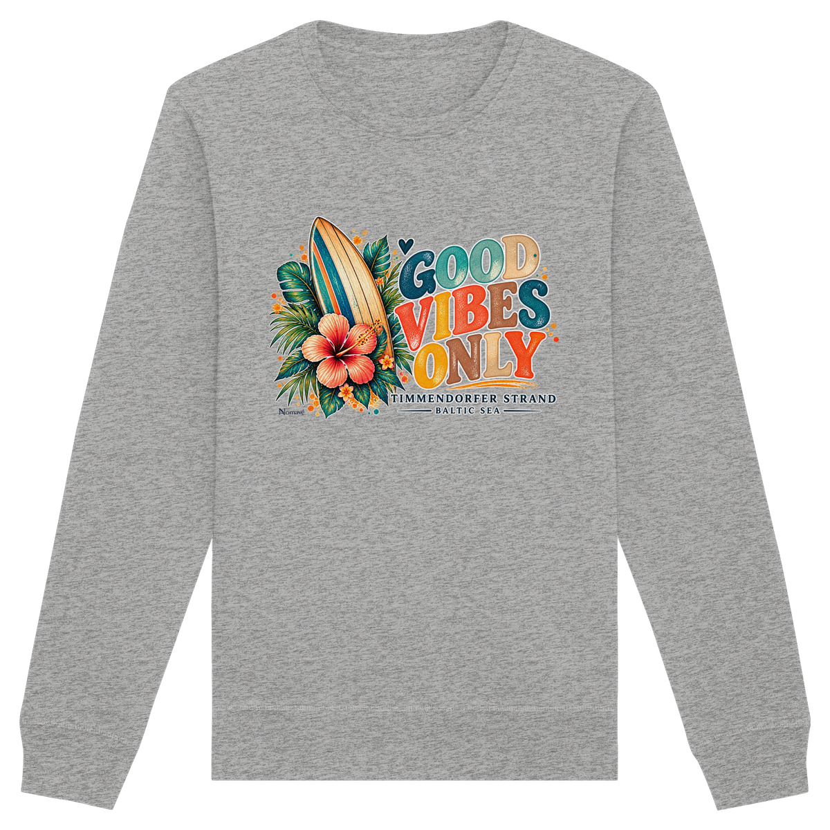 Timmendorfer Strand – Surf Vibes – Unisex Bio-Sweatshirt mit Frontprint in Heather Grey – Katalog-Vorderansicht mit Surfboard, Hibiskus und Good-Vibes-Only-Frontprint.