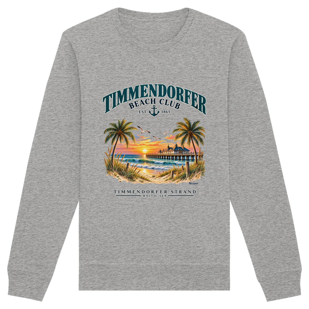 Originalmockup: Unisex Bio-Sweatshirt in Heather Grey mit Timmendorfer-Beach-Club-Frontprint, Motivansicht.