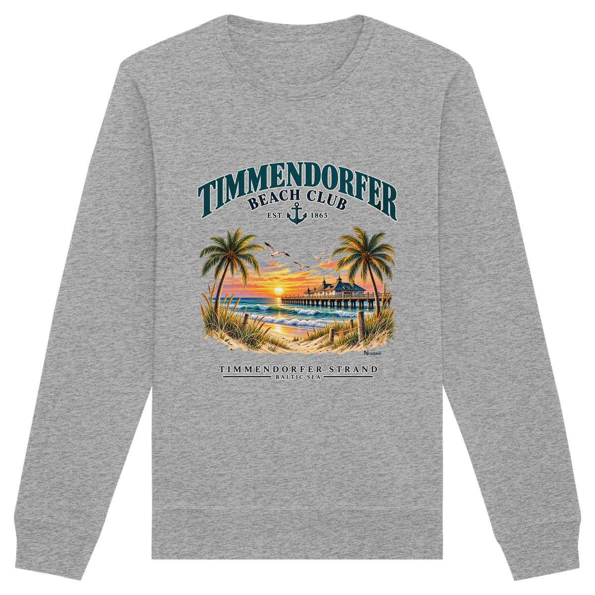 Originalmockup: Unisex Bio-Sweatshirt in Heather Grey mit Timmendorfer-Beach-Club-Frontprint, Motivansicht.