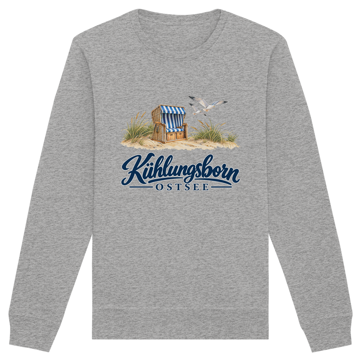 Bio-Unisex-Sweatshirt Kühlungsborn – Strandkorb & Ostsee in Heather Grey, Shirtigo-Originalmockup der Vorderseite mit Strandkorbmotiv.