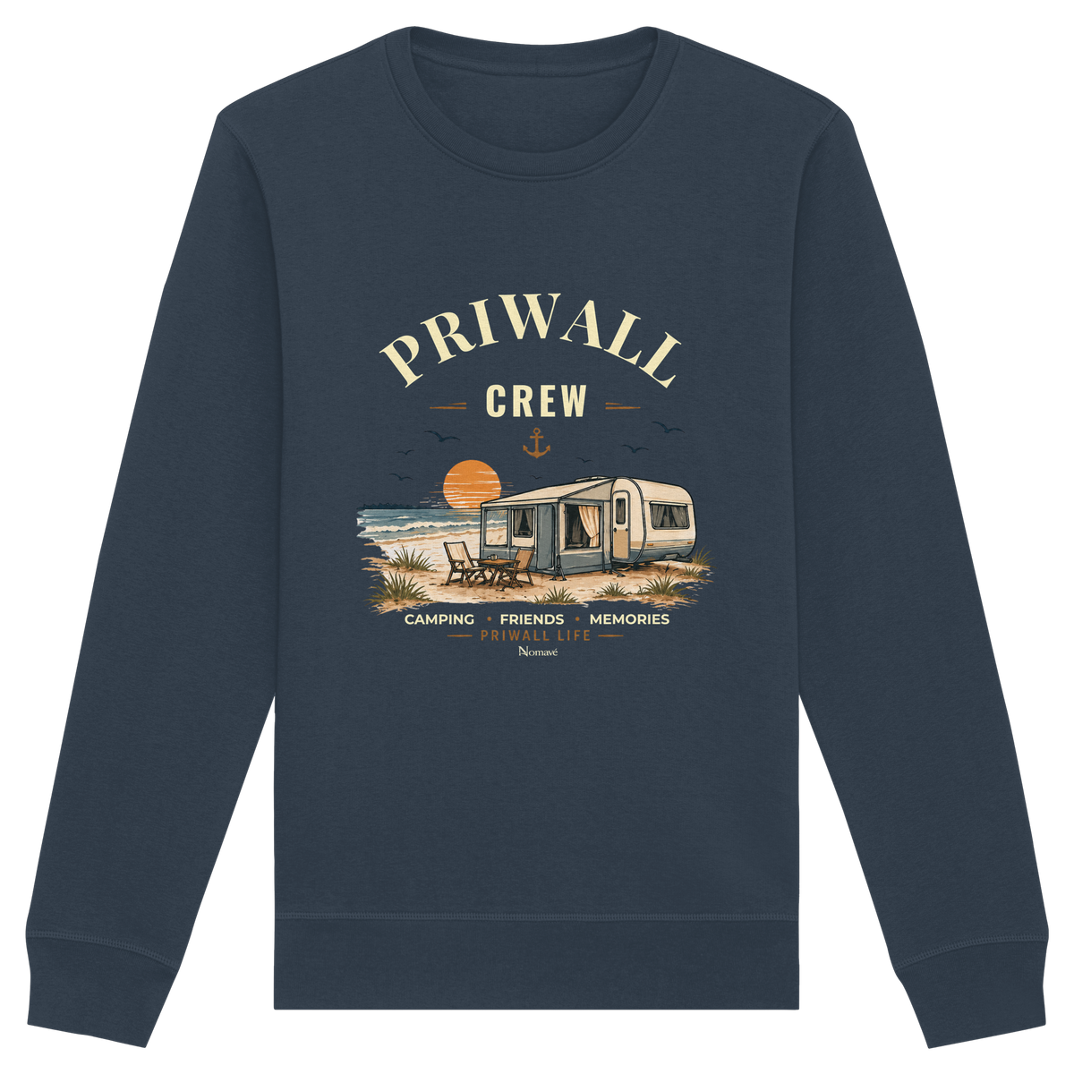 Bio Unisex Sweatshirt in India Ink Grey mit korrigiertem Priwall-Crew-Motiv der Dark Edition – Vorderansicht