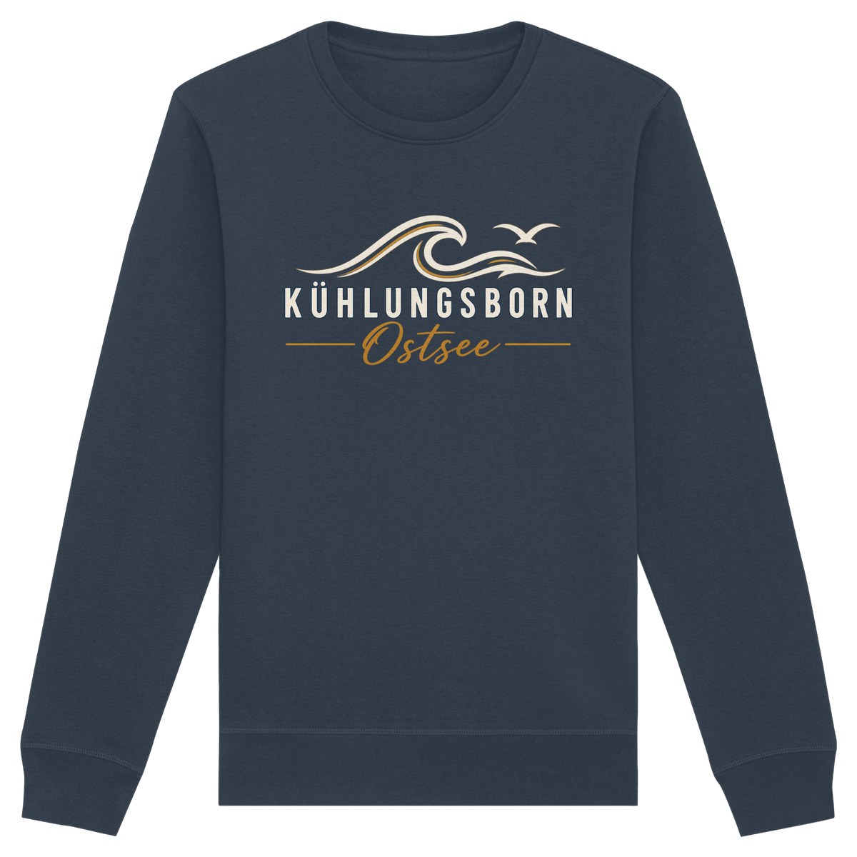Shirtigo-Originalmockup: Bio-Unisex-Sweatshirt Kühlungsborn Baltic Waves, Dark Edition, India Ink Grey, Vorderansicht mit Motiv.