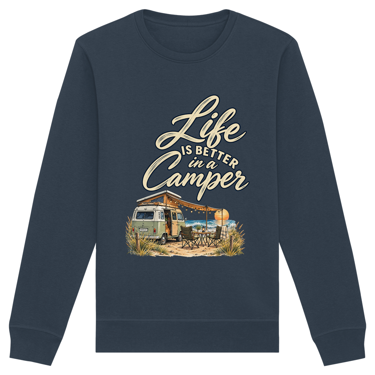 Bio Unisex Sweatshirt in India Ink Grey mit „Life is better in a Camper“-Motiv – Vorderansicht für Vanlife- und Campingfans