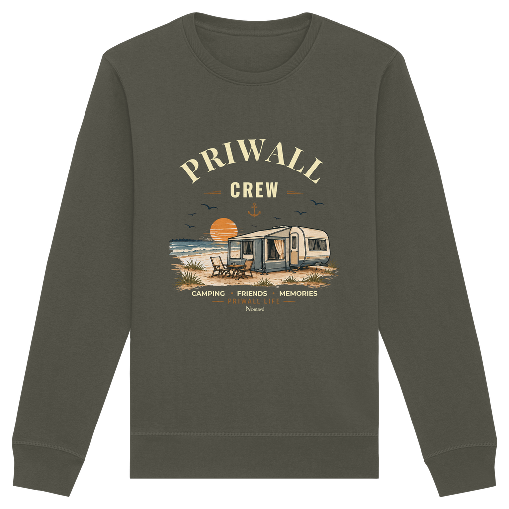 Bio Unisex Sweatshirt in Khaki mit korrigiertem Priwall-Crew-Motiv der Dark Edition – Vorderansicht