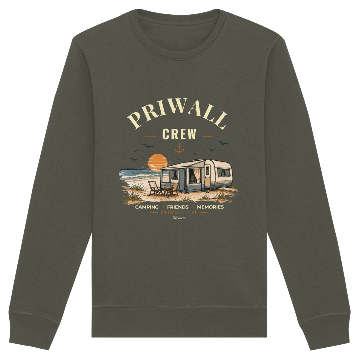 Bio Unisex Sweatshirt in Khaki mit korrigiertem Priwall-Crew-Motiv der Dark Edition – Vorderansicht