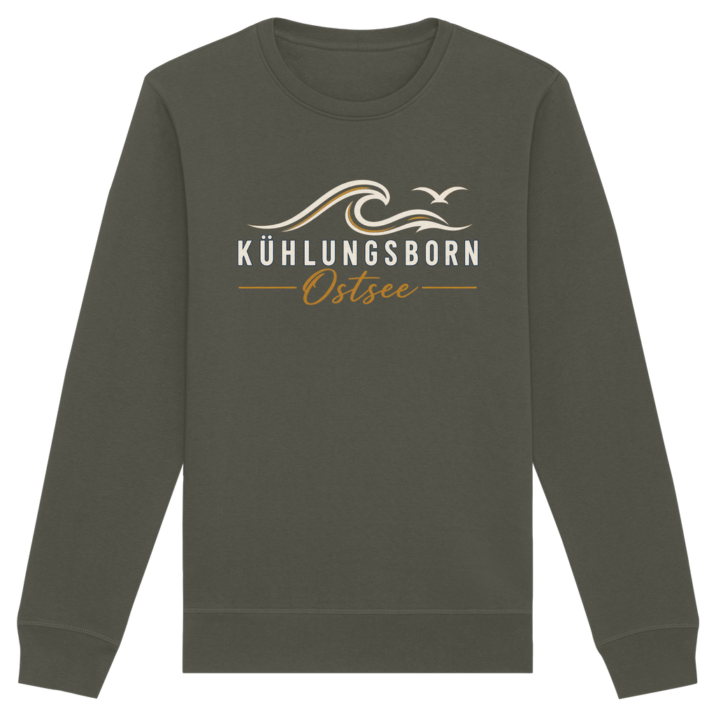 Shirtigo-Originalmockup: Bio-Unisex-Sweatshirt Kühlungsborn Baltic Waves, Dark Edition, Khaki, Vorderansicht mit Motiv.